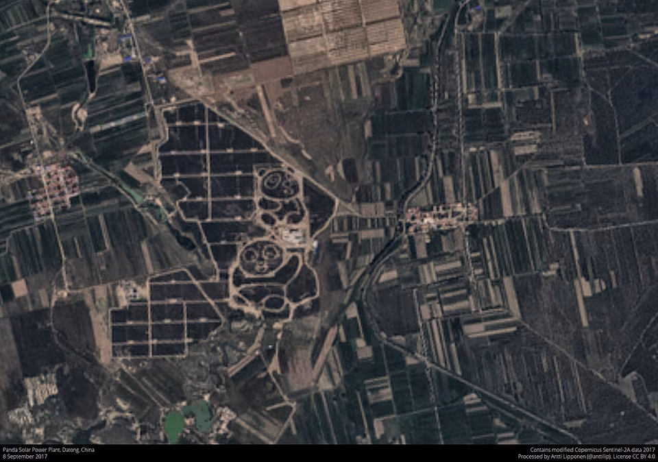 Vue satellite de la centrale solaire Panda à Datong, en Chine.